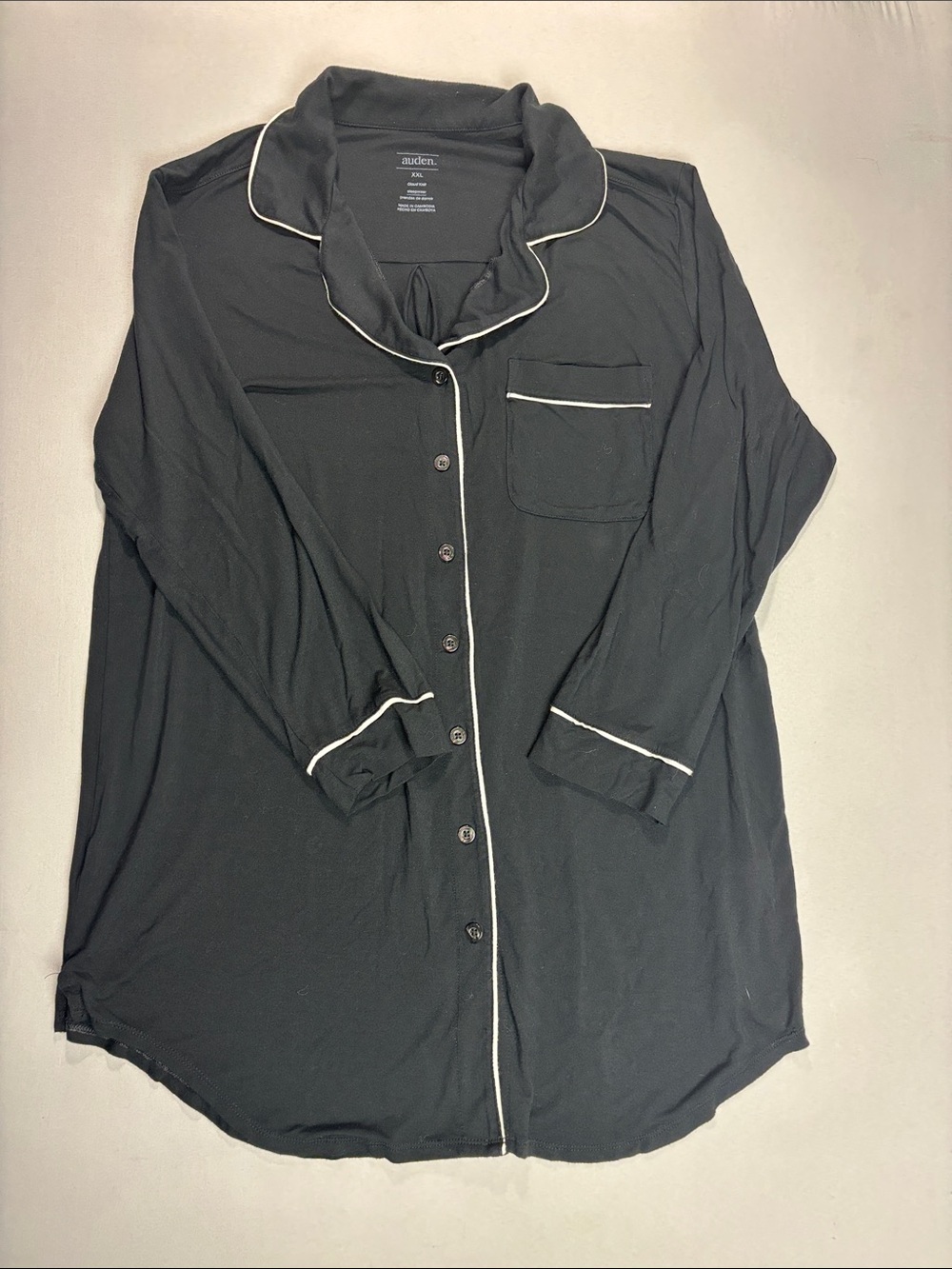 Auden Black Longline Modal Nightshirt Button Down White Piping XXL